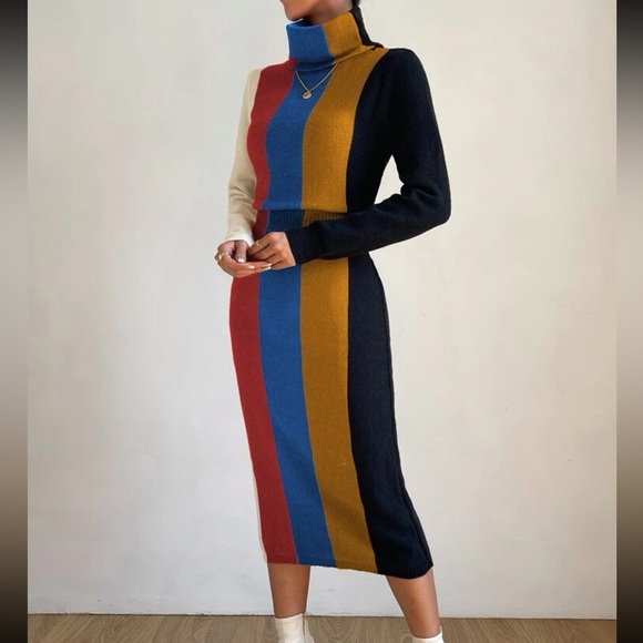 Cozy Color Block Stripe Turtleneck Sweater Dress - Picture 9 of 11